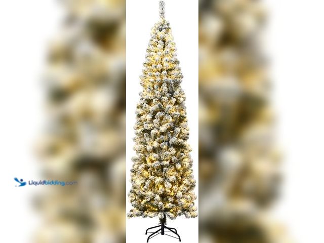 Lot 49-1546943 - Goplus 7.5FT Artificial Snow Flocked Christmas Tree, Pre-Lit Hinged Pencil Tree with 350 LED Lights ...