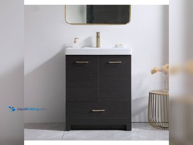 Lot 49-5549605 - 30 in. W x 18 in. D x 33 in. H Modern Black Wood Grain Bathroom Vanity with White Single Porcelain S...