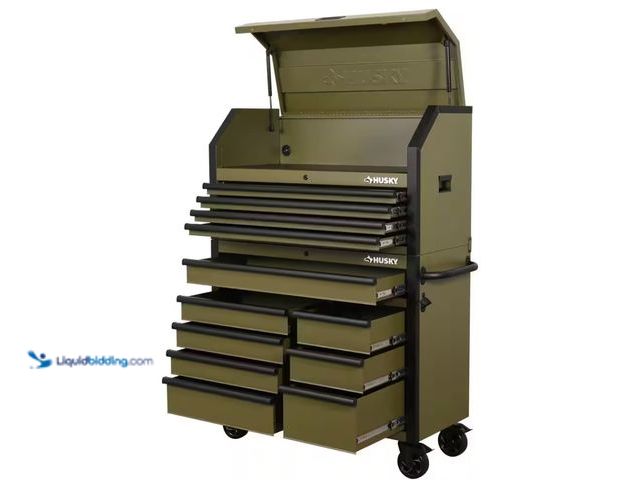 Lot 49-1622556 - Husky 12-Drawer Matte Army Green Rolling Tool Chest Combo, 42x18 Inches, Unused, MSRP $598.00, Scuff...