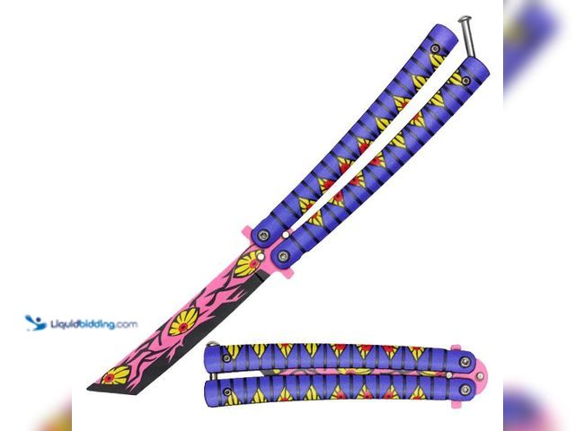Lot 49-1803945 - Kokushibo Demon Anime Butterfly Knife 9" Blue/Yellow/Pink - NEW - Featuring Demon Graphic Tanto Blad...