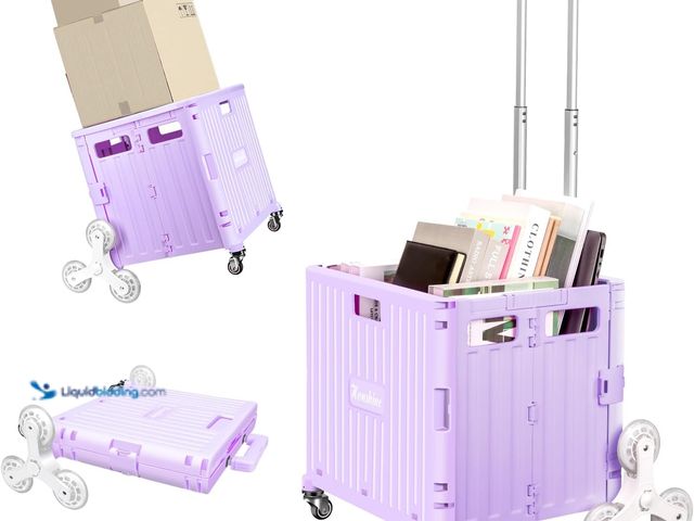 Lot 49-5435674 - Foldable Rolling Crate for Stair Climbing : Handcart for Shopping Teacher Laundry (Lavender) Unused