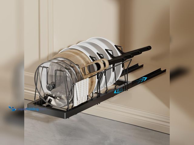 Lot 49-3527901 - Pots and Pans Organizer Under Cabinet, 22" Deep Expandable Pull Out Pot Lid Organizer and Storage wi...