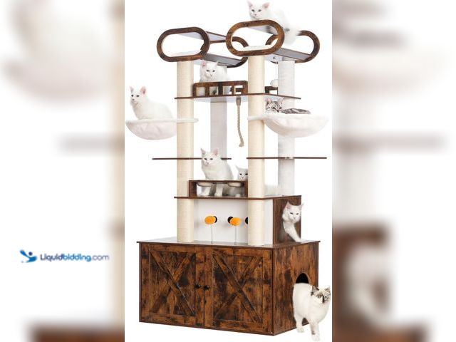Lot 49-5437609 - Heybly Cat Tree with Litter Box Enclosure, 76.8-inch Wooden mainecoons Cat Tower with Food Station,E...