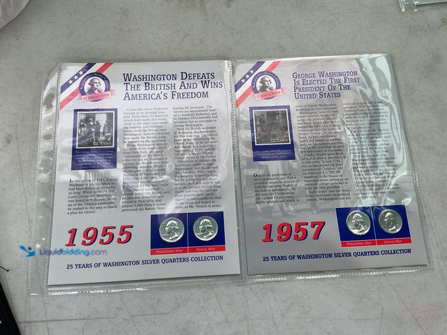 Lot 49-1505809 - 2 WASHINGTON SILVER QUARTER AND STAMP SETS INCLUDING 2 COINS PER DISPLAY CARD 1955 AND 1957 #COINS12...