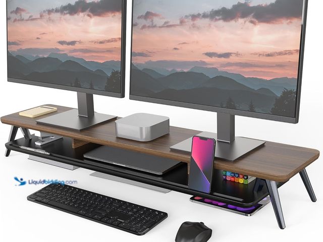 Lot 49-5554322 - Fenge Dual Monitor Stand Riser, Wooden Desk Shelf with 2-Tier Storage | 42.5-Inch Wide, Sturdy Alumi...