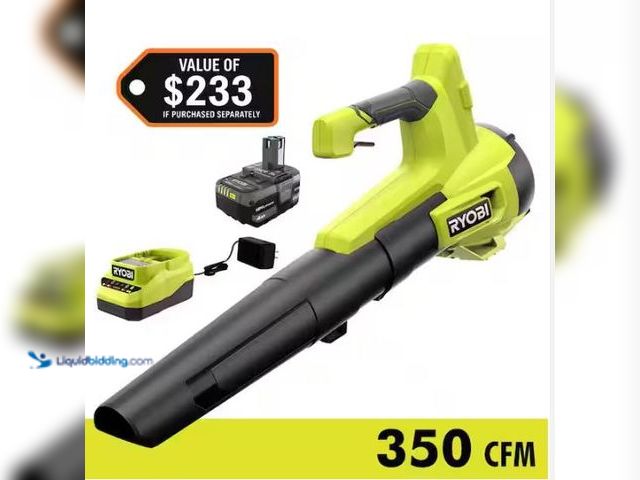 Lot 49-1577150 - RYOBI ONE+ 18V 100 MPH 350 CFM Cordless Battery Variable Speed Jet Fan Leaf Blower with 4.0 Ah Batte...