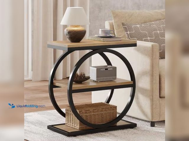 Lot 49-1550341 - BYBLIGHT Kerlin 23.6 in. Oak Rectangle Wood End Table, Narrow End Table with 3-Storage Shelves, Indu...