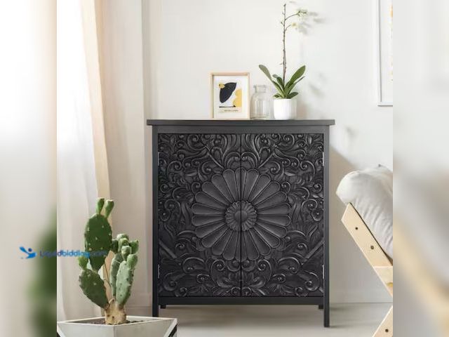 Lot 49-2000958 - PHI VILLA 36.4 in. Floral Black Accent Storage Cabinet with 2-Door, Model # THD-IF-518J, Unused, Has...