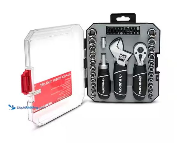 Lot 49-1568728 - Husky 1/4 in. and 3/8 in. Stubby Ratchet and Socket Set (46-Piece) Model # H46PCSTS, Unused  Ref#SBS...