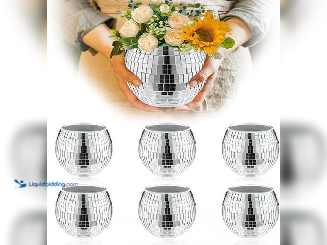 Lot 49-5410617 - 6 Pcs Disco Vase, Silver Mirror Ball Disco Ball Planter 5" X 6" Glass Silver Candle Holder White Vas...
