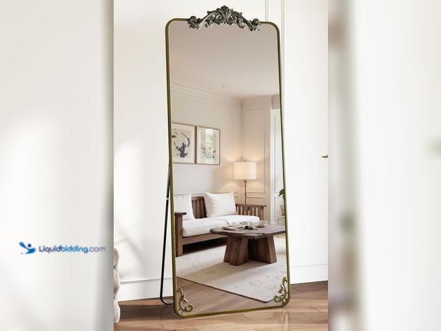 Lot 49-1516474 - Full Length Mirror, 34" x 15" Floor Mirror Freestanding with Carved Metal Frame, Full Body Mirrors f...