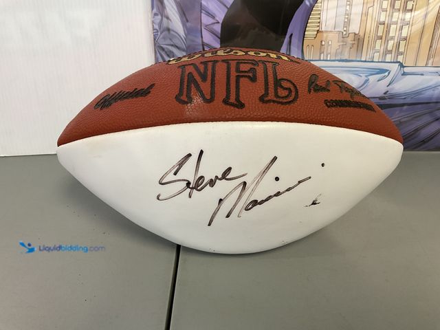 Lot 49-1820864 - COLLECTIBLE AUTOGRAPHED STEVE MARIUCCI DETROIT LIONS FULL SIZED NFL FOOTBALL WITH JSA COA. AMAZING I...