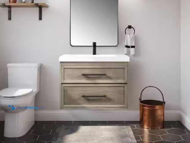 Lot 49-1623610 - Home Decorators Collection Tarlo 30 in. Single Sink Floating Reclaimed Oak Bath Vanity White Culture...