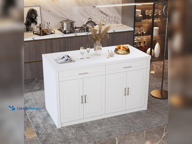 Lot 49-5487250 - FUFU&GAGA Marble Wood Grain Top 61 in. W Kitchen Island in White With Door Cabinet, 2-Drawer, Adjust...