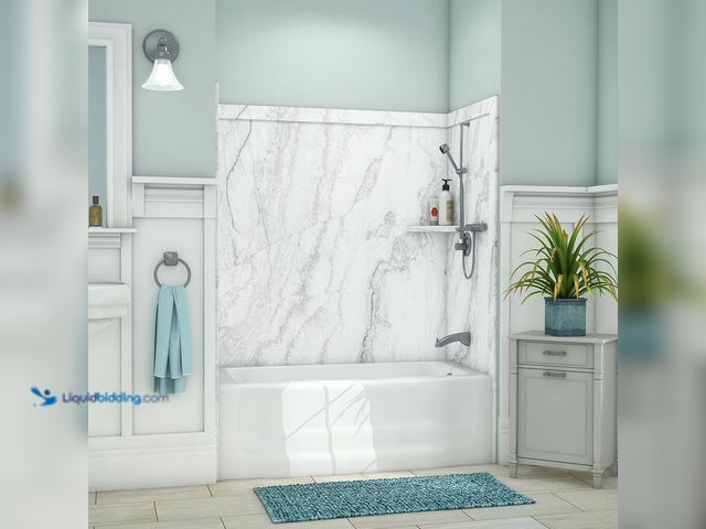 Lot 49-5512084 - FlexStone Elite 32 in. x 60 in. x 60 in. 9-Piece Easy Three-Piece Glue Up Adhesive Tub Surround in C...