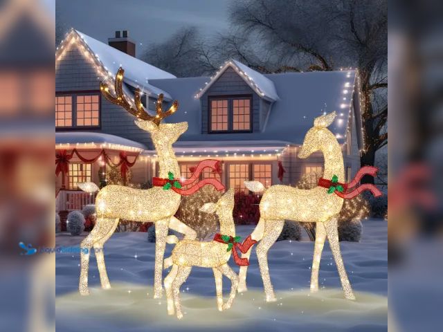 Lot 49-1546922 - 69" Cool White Indoor/Outdoor LED 205 Multi 2D Elegant Deer Family with Shiny Red Bows and Holly, Pr...