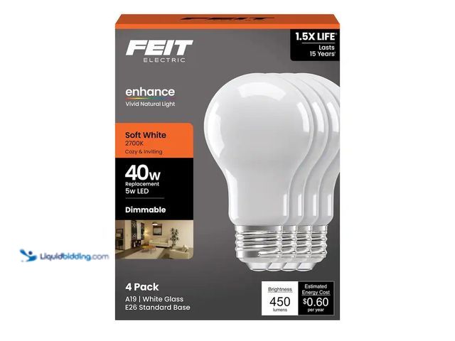 Lot 49-3563715 - FEIT ELECTRIC - Feit Enhance A19 E26 (Medium) Filament LED Bulb Soft White 40 Watt Equivalence 4 pk ...
