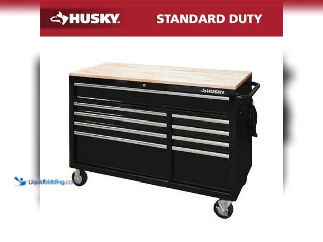 Lot 49-5539617 - Husky 52 in. W x 25 in. D Standard Duty 9-Drawer Mobile Workbench Tool Chest with Solid Wood Top in ...