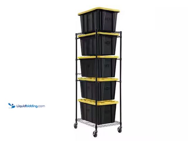 Lot 49-1548078 - HDX Steel Wire Garage Storage Tote Rack with Casters for 27 Gal. Totes in Black (22 in. W x 69 in. H...