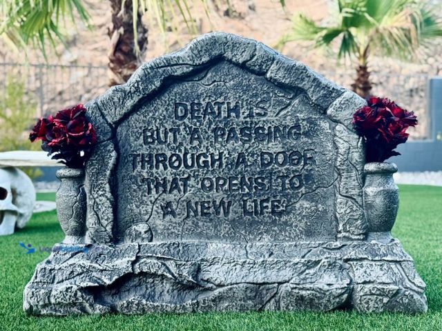 Lot 49-5560134 - 32in Weathered grey halloween tombstone with built in vase. SKU #1013326454. Unused