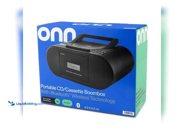 Lot 49-5544035 - onn. Portable Bluetooth CD/Cassette Boombox with AM/FM Radio, Black. Unused