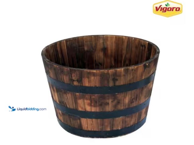 Lot 49-2020812 - Vigoro Jackson Extra Large Dark Brown Wood Barrel Planter with Drainage Hole (26 in. L x 26 in. W x ...