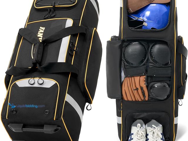 Lot 49-5485968 - Fanwoli Rolling Baseball Bag with Wheels, Large Softball Catchers Gear Bags for 4 Bats (Fits Up To 3...