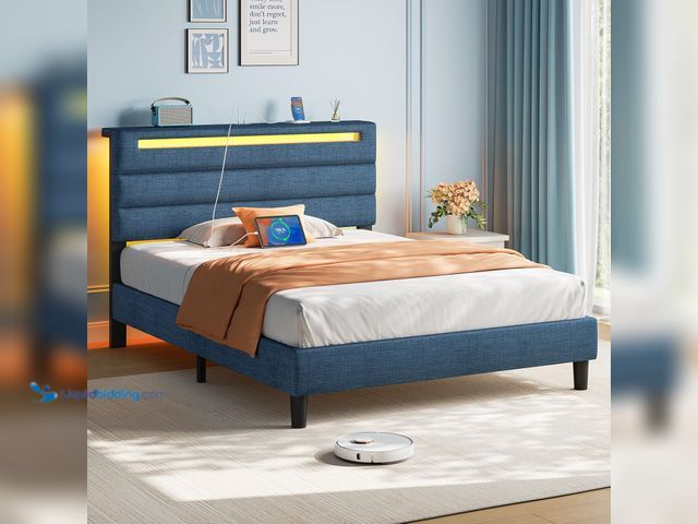 Lot 49-3531485 - Rolanstar Twin Size Bed Frame, Storage Headboard with Charging Station and LED Lights, Upholstered B...