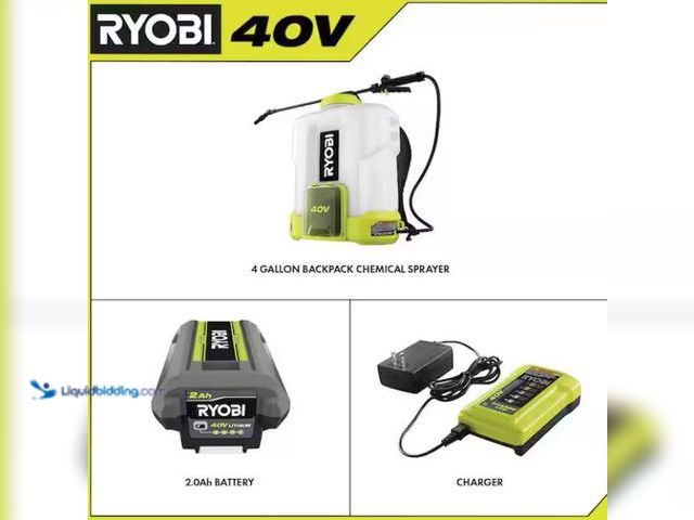 Lot 49-1631851 - RYOBI 40V Cordless Battery 4 Gallon Backpack Chemical Sprayer with 2.0 Ah Battery and Charger, Model...