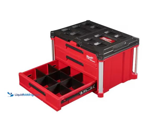 Lot 49-1575524 - Milwaukee PACKOUT 22 in. Modular 3-Drawer Tool Box with Metal Reinforced Corners, Model # 48-22-8443...