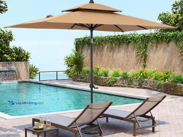 Lot 49-3611847 - Pellebant Double Top 9 ft. x 5 ft. Rectangular Aluminum Market Crank and Tilt Patio Umbrella in Tan,...