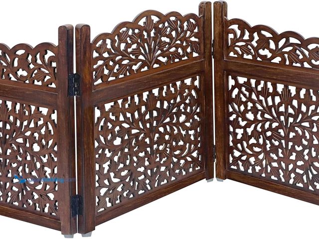 Lot 49-3511714 - Wooden Foldable Pet Dog Safety Gate - 3 Panel 20" W x 24" H - Hand Carved Mahanadi Free Standing Por...