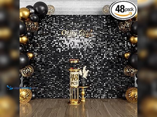 Lot 49-5461102 - Qcity Black Shimmer Wall Backdrop 48PCS, Black Back Not See-Through Design, Square Sequin Glitter Ba...