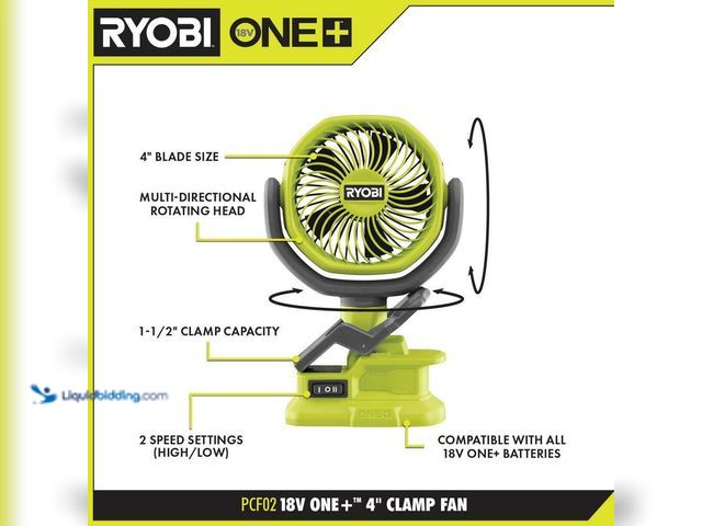 Lot 49-3564563 - RYOBI
ONE+ 18V Cordless 4 in. Clamp Fan (Tool Only). Model # PCF02B. Unused. Tested and works