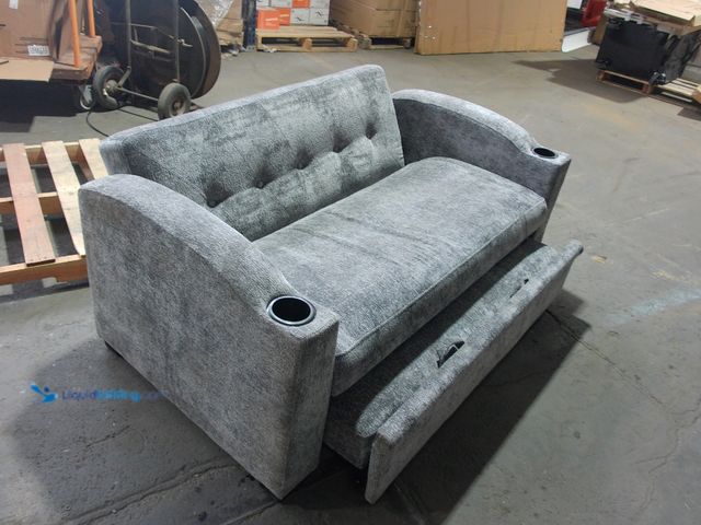 Lot 49-1566675 - Grey Pull Out Loveseat / Bed Sofa with USB / Type C Charger Port and Cup Holders. Unused / Powers On...