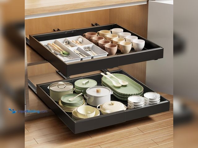 Lot 49-5435678 - 2 Pack Pull Out Cabinet Organizer Expandable, 21"Deep Slide Out Drawer for Cabinets Adhesive Pull Ou...