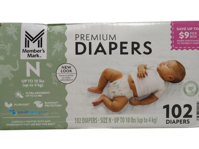 Lot 49-5541759 - Member's Mark Premium Diapers, Hypoallergenic, Newborn (Up to 10lbs), 102ct New