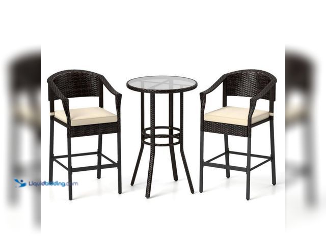 Lot 49-3562086 - Kadehome
3-Piece Wicker Outdoor Bistro Set with Off White Cushion. Model # KA-HW72994BN. Unused wit...