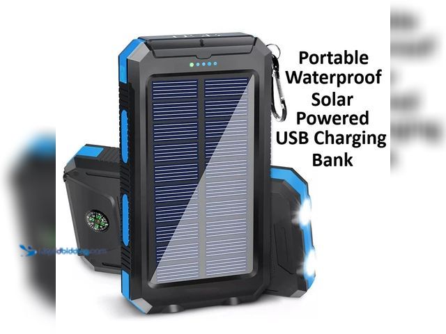 Lot 49-1820454 - Portable Waterproof Solar Powered Charging Bank with Dual Output, Compass and Dual LED Flashlight Bl...