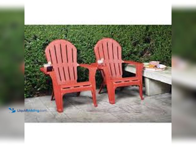 Lot 49-5407311 - QTY 2 - StyleWell Chili Red Plastic Adirondack Chair with Cup and Phone Holder. Model # 999-2103. Un...