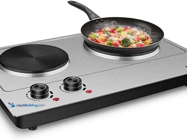 Lot 49-3602166 - CUSIMAX 1800W Double Hot Plate, Stainless Steel Silver Countertop Burner Portable Electric Double Bu...