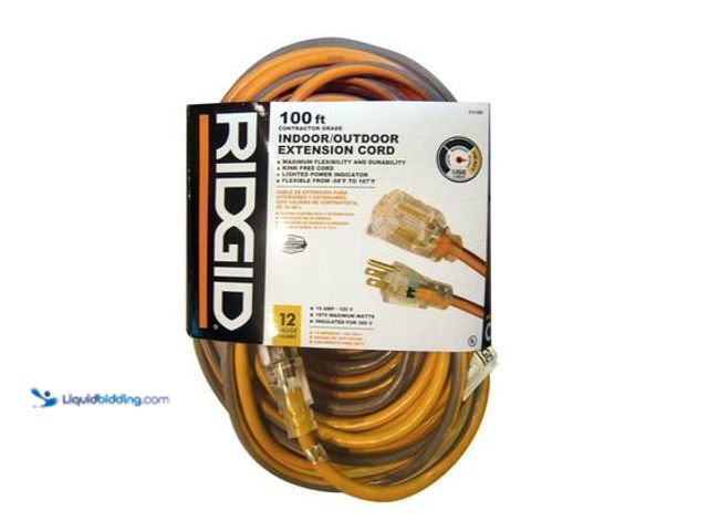 Lot 49-3563937 - RIDGID 100 ft. 12/3 Extension Cord. Model # AW62621. used