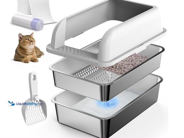 Lot 49-3431882 - 23.6''x16''x12'' Enclosed Stainless Steel Litter Box with Lid, XL Sifting Litter Box for Pine Pellet...