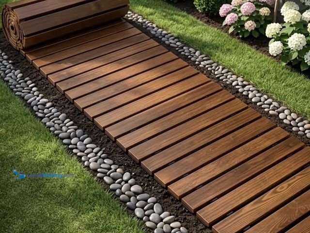 Lot 49-1975254 - Wooden Garden Path. 6’ long x 15” wide  and .59” thick slotted hardwood wood. Slightly flexible for ...