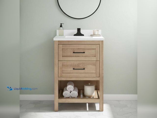 Lot 49-5512302 - Home Decorators Collection Autumn 24 in. Single Sink Weathered Tan Bath Vanity with White Engineered...