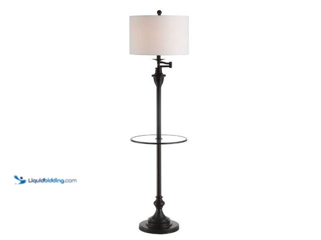 Lot 49-5574280 - Jonathan Y - Cora 60" Modern Metal LED Floor Lamp with Integrated Glass Side Table and Swing Arm - O...