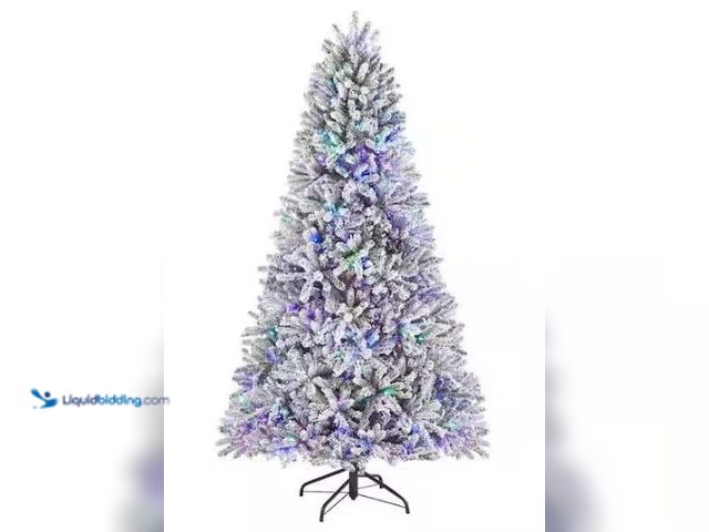 Lot 49-1544893 - Home Accents Holiday 9 ft. Pre-Lit LED Flocked Fraser with LED Lights, Model # 1006248951 T19, Sligh...