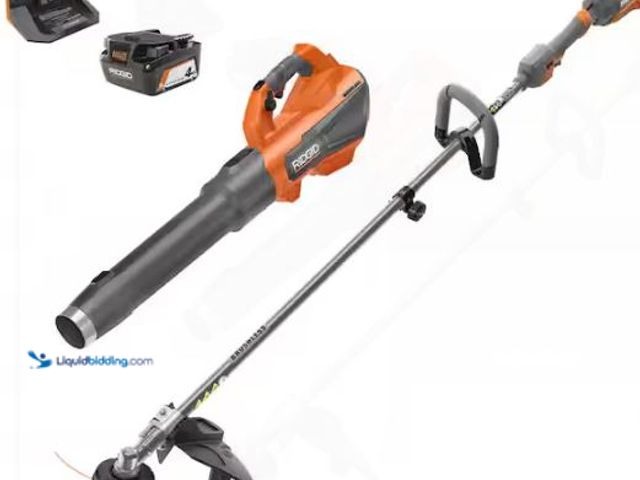 Lot 49-1549244 - RIDGID 18V Brushless 14 in. Cordless Battery String Trimmer and Leaf Blower 2-Tool Combo Kit with 4....