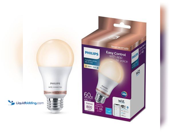 Lot 49-3512436 - Philips
60-Watt Equivalent A19 LED Smart Wi-Fi Tunable White Smart Light Bulb powered by WiZ with B...