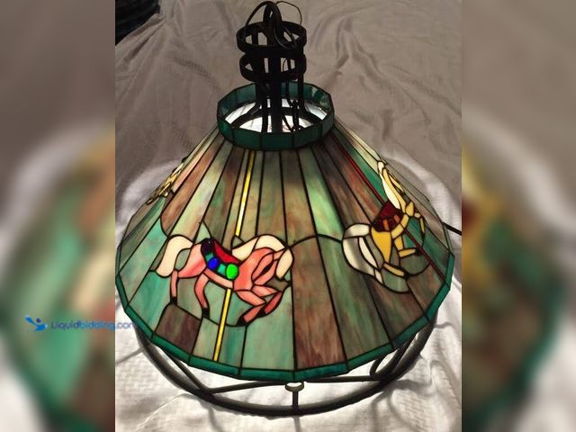 Lot 49-1816014 - 1 Horse Carousel Hanging Light Stain Glass vintage stained glass wrought iron chandelier lamp as see...